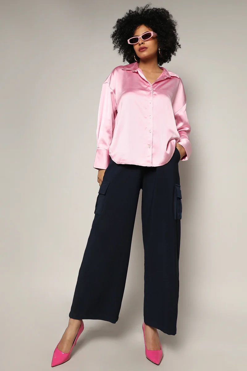 Campus Sutra Women's Blush Pink Boxy Satin Shirt