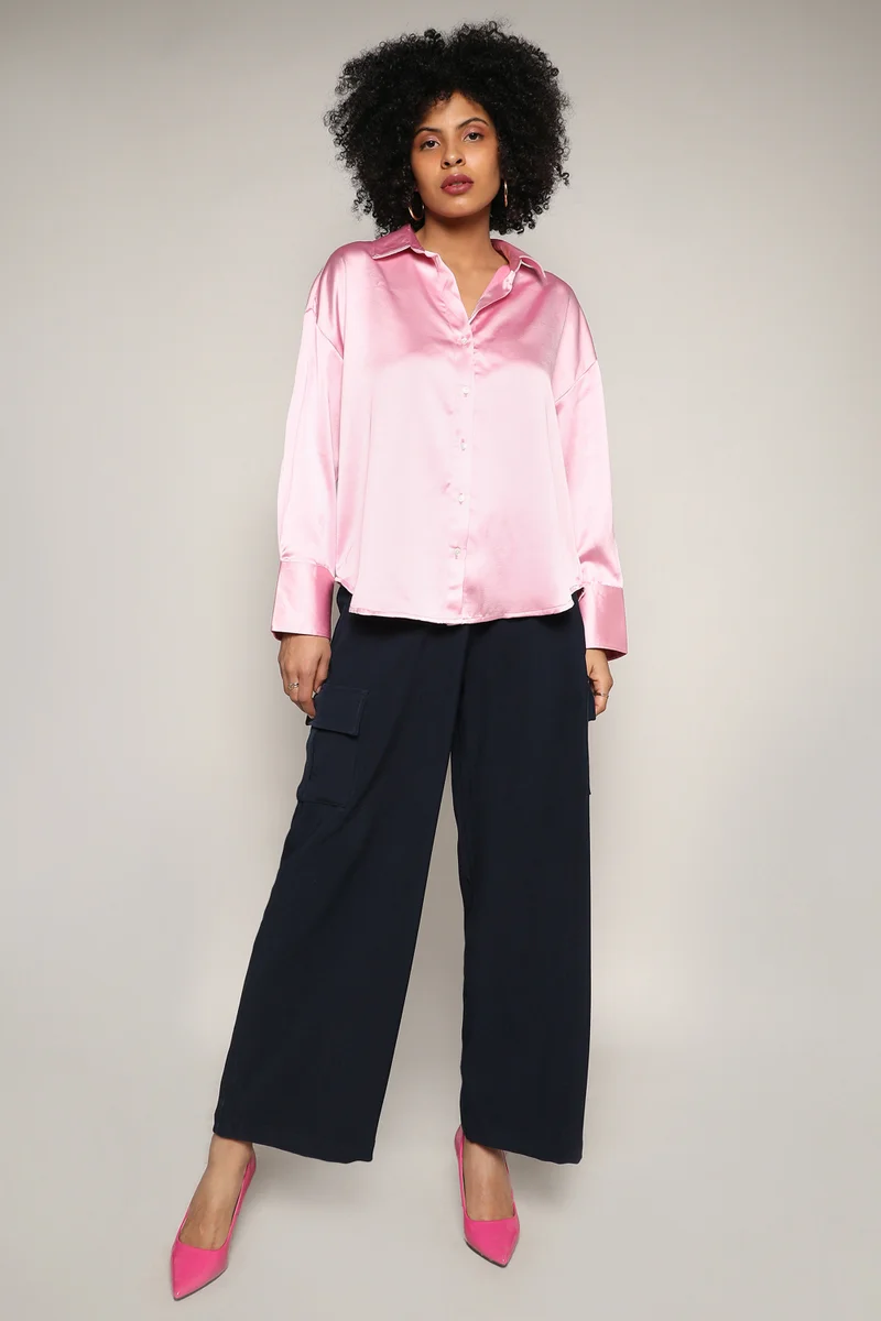 Campus Sutra Women's Blush Pink Boxy Satin Shirt