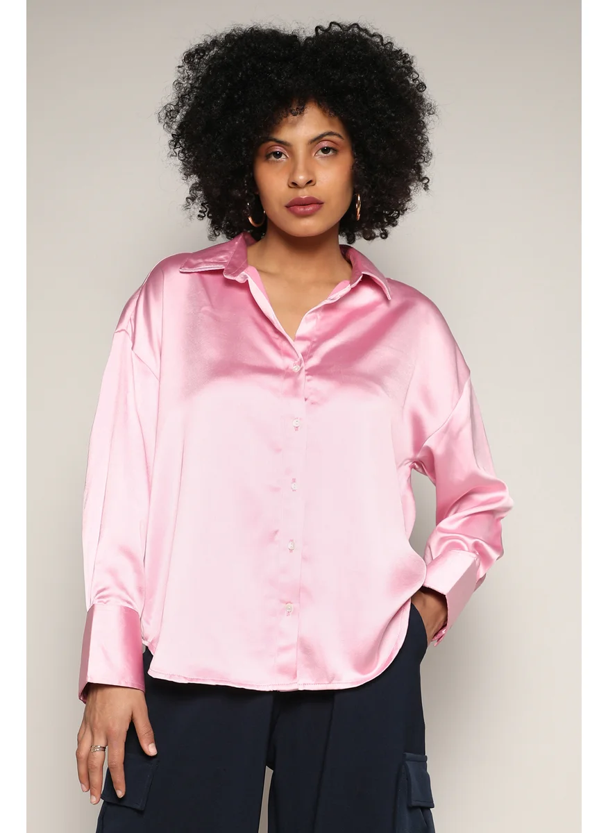 Campus Sutra Women's Blush Pink Boxy Satin Shirt