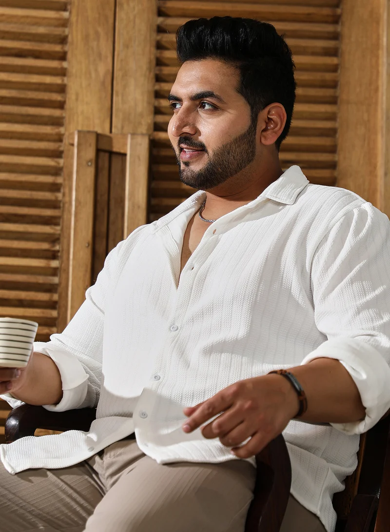Instafab Plus Instafab Plus Men's Chalk White Chevron-Panel Tactile Shirt For Casual Wear | Spread Collar | Long Cuffed Sleeves | Button Closure | Plus Size Shirt Crafted With Comfort Fit For Everyday Wear