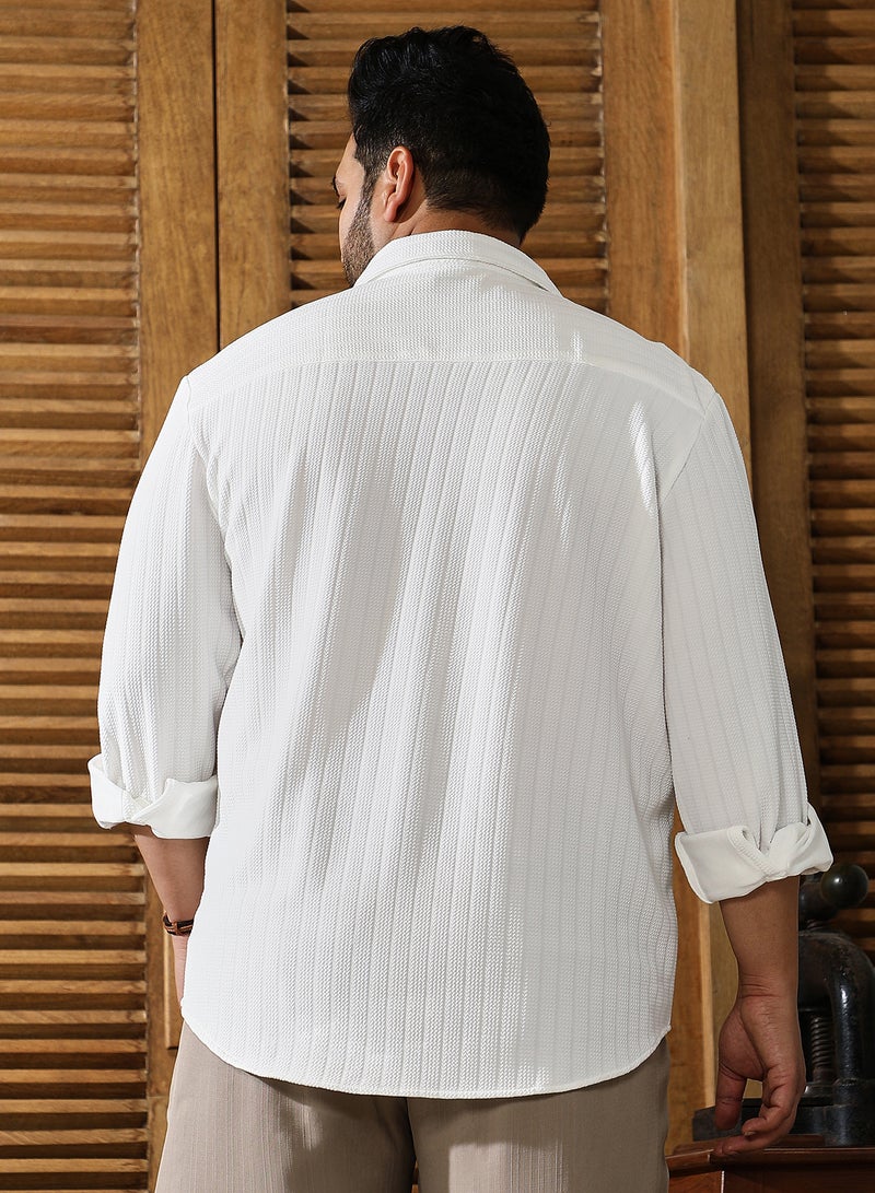 Instafab Plus Men's Chalk White Chevron-Panel Tactile Shirt For Casual Wear | Spread Collar | Long Cuffed Sleeves | Button Closure | Plus Size Shirt Crafted With Comfort Fit For Everyday Wear - Image 4