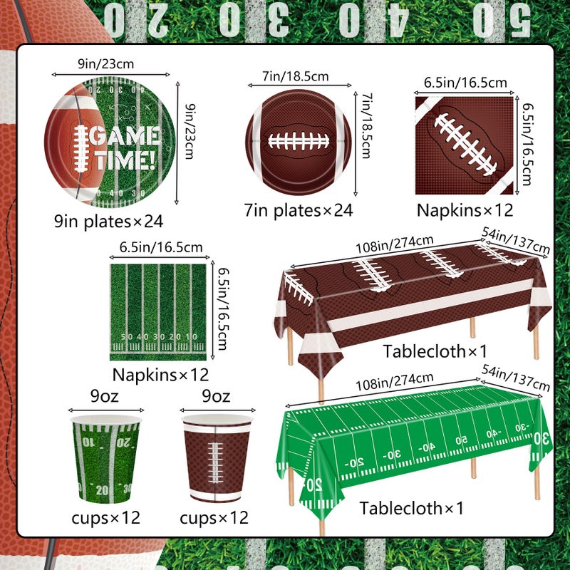 Xindtek Football Party Supplies Kit Serve 24, Including Dinner Plates Dessert Plates Napkins Cups Plastic Touchdown Tablecloth for Birthday Party Decorations - Image 2