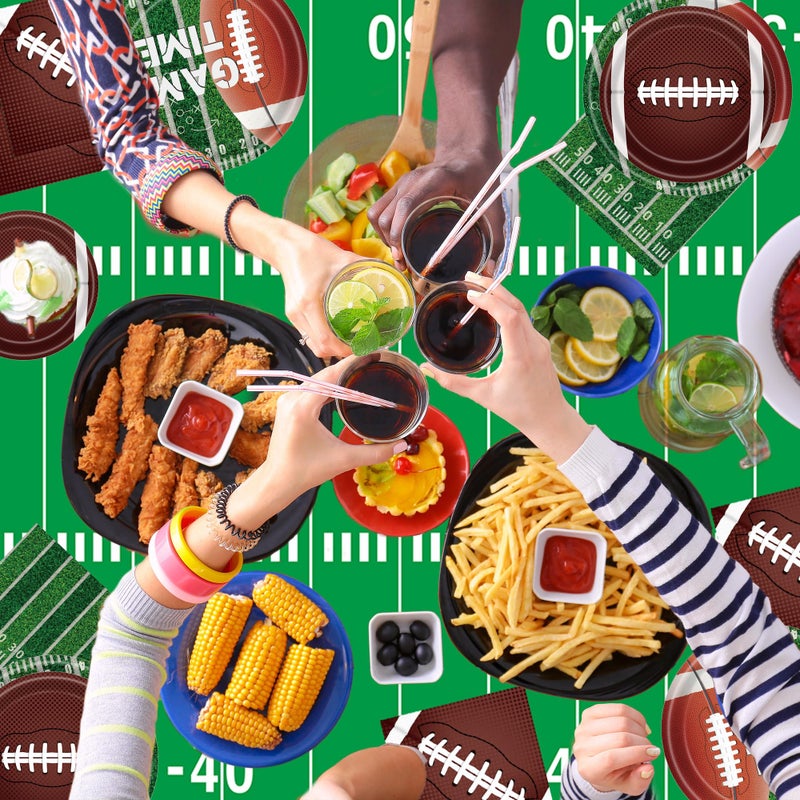 Xindtek Football Party Supplies Kit Serve 24, Including Dinner Plates Dessert Plates Napkins Cups Plastic Touchdown Tablecloth for Birthday Party Decorations - Image 5