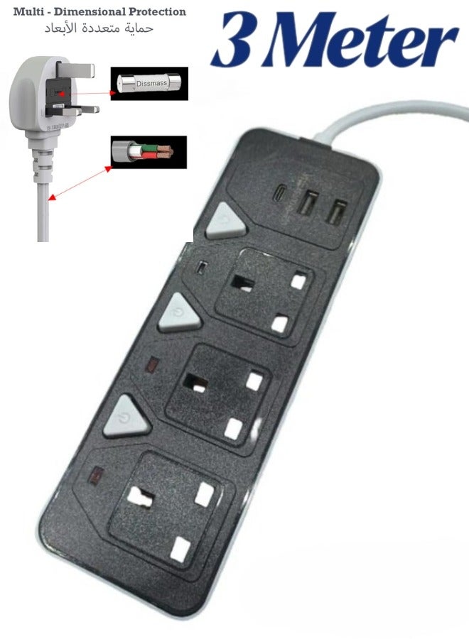 3M Power Extension Cord,3 meter Power Strip has 2USB 1PD Type C & 3UK Power Socket,13A Heavy Duty Extension Lead Surge Protection Extension Socket with safety shutter for Home,Office,Travel (3M-3PW-2USB-1PD)