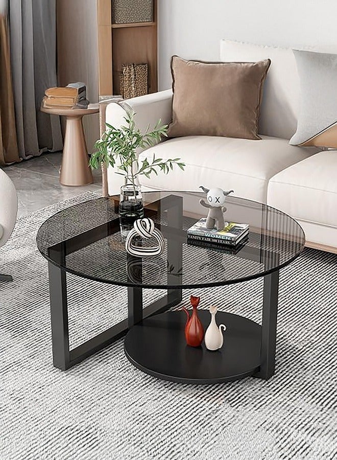 WALALLA Round Coffee Table with Storage, Round Coffee Tables for Living Room with Tempered Glass Top, Floor Table with Iron Feet Double-Layer Small Coffee Tables for Small Spaces,Black 70cm - Image 1