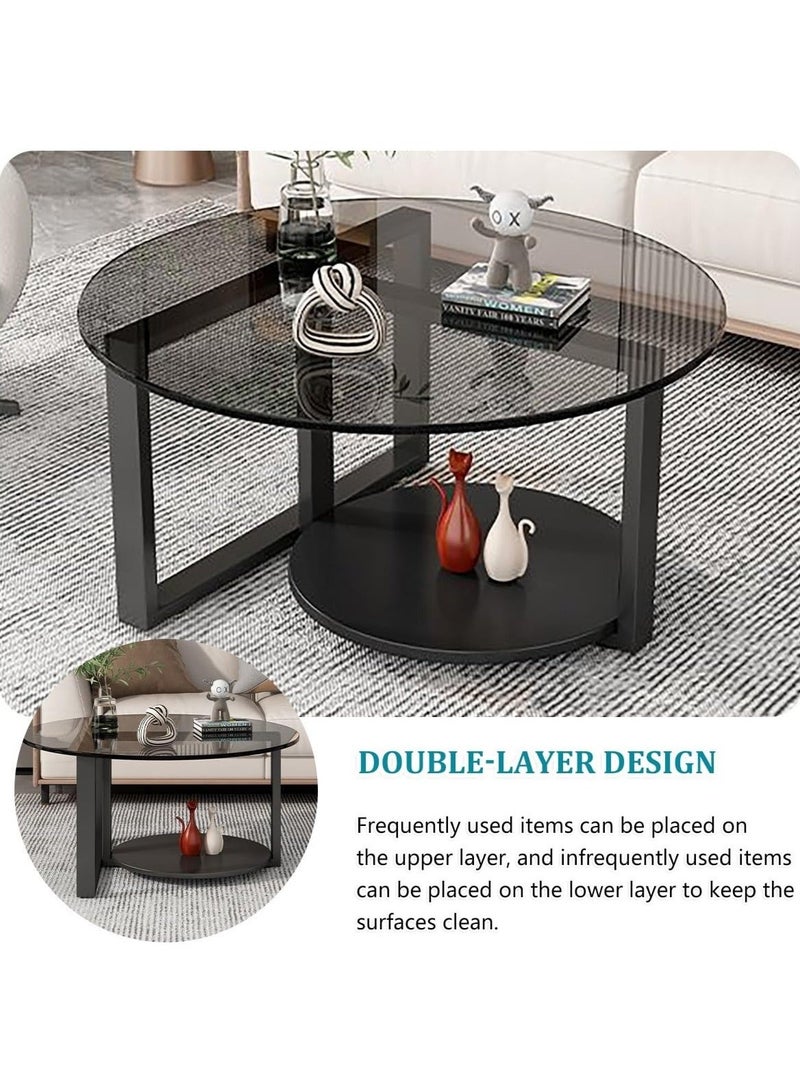 WALALLA Round Coffee Table with Storage, Round Coffee Tables for Living Room with Tempered Glass Top, Floor Table with Iron Feet Double-Layer Small Coffee Tables for Small Spaces,Black 70cm - Image 5