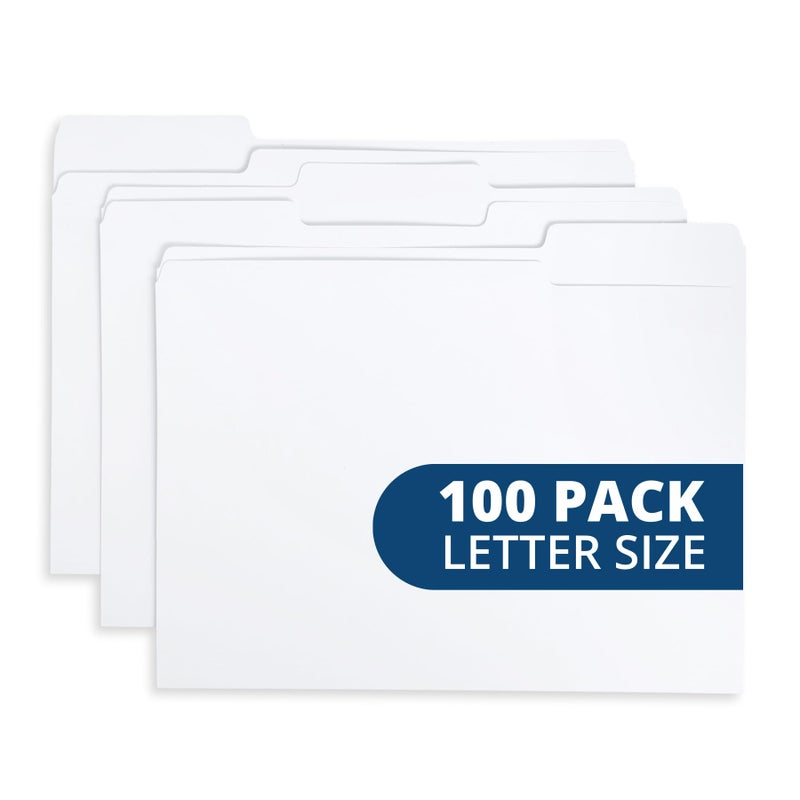 Blue Summit Supplies 100 White File Folders, 1/3 Cut Tab with Assorted Positions, Letter Size, White Paper Folders for Organizing and Easy File Storage, 100 Pack