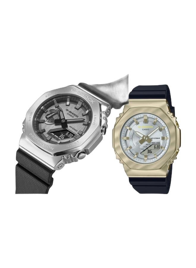 G-SHOCK Casio G-SHOCK His & Her Metal Couple Watch Set | GM-2100-1ADR Men + GM-S2100BC-1ADR Women | Analog-Digital | Stainless Steel Bezel | Carbon Core Guard | Shock Resistant | 200M Water Resistant - Image 1