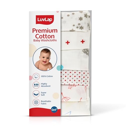 Luv Lap LuvLap Muslin Cotton Cloth Premium Baby Washcloth for New Born, Washable (22 cm x 22 cm), Reusable, Absorbent, Extra Soft Face Towels/Washcloth for Babies, Dots, Hearts Print, Pack of 6, Multicolour - Image 1