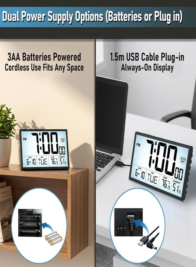 QINYUNE Adjustable Backlight 9'' Narrow Bezel Digital Wall Clock - Dual Power Supply(Batteries / Plug in), Temp/Humidity, Auto DST, Large 2⅝'' Digits, 5-Level Volume Alarm - Wall Mount/Desktop for Home Office - Image 4
