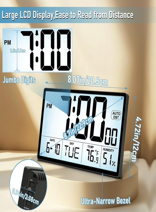 QINYUNE Adjustable Backlight 9'' Narrow Bezel Digital Wall Clock - Dual Power Supply(Batteries / Plug in), Temp/Humidity, Auto DST, Large 2⅝'' Digits, 5-Level Volume Alarm - Wall Mount/Desktop for Home Office - Image 5