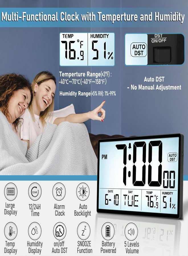 QINYUNE Adjustable Backlight 9'' Narrow Bezel Digital Wall Clock - Dual Power Supply(Batteries / Plug in), Temp/Humidity, Auto DST, Large 2⅝'' Digits, 5-Level Volume Alarm - Wall Mount/Desktop for Home Office - Image 3