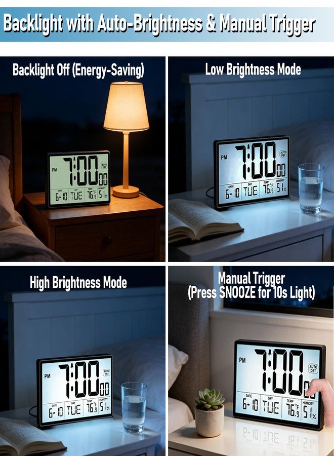QINYUNE Adjustable Backlight 9'' Narrow Bezel Digital Wall Clock - Dual Power Supply(Batteries / Plug in), Temp/Humidity, Auto DST, Large 2⅝'' Digits, 5-Level Volume Alarm - Wall Mount/Desktop for Home Office - Image 2