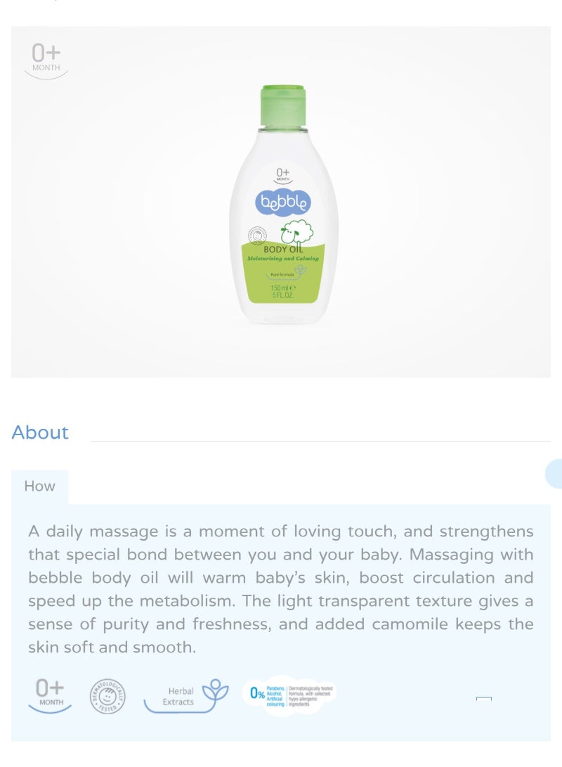 Bebble Baby Oil Body Moisturizes Warms Calming Skin Pure Formula New Born 150ml - Image 3