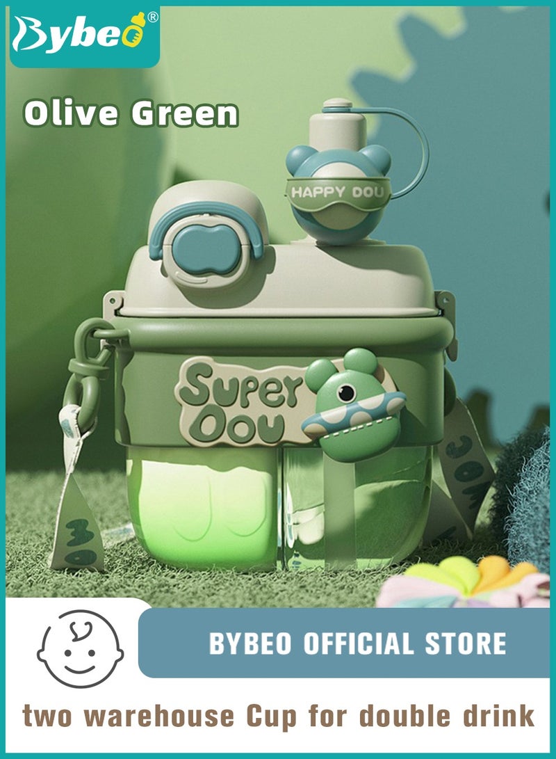 بيبو زجاجة مياه للأطفال، كوب ماء للأطفال الصغار مزود بقشّة مع حجرة مزدوجة للشرب، كوب شرب محمول مع حزام للكتف ومجموعة تنظيف الزجاجة للأطفال الصغار والكبار في الأماكن المغلقة والرياضات الخارجية والسفر - Image 1