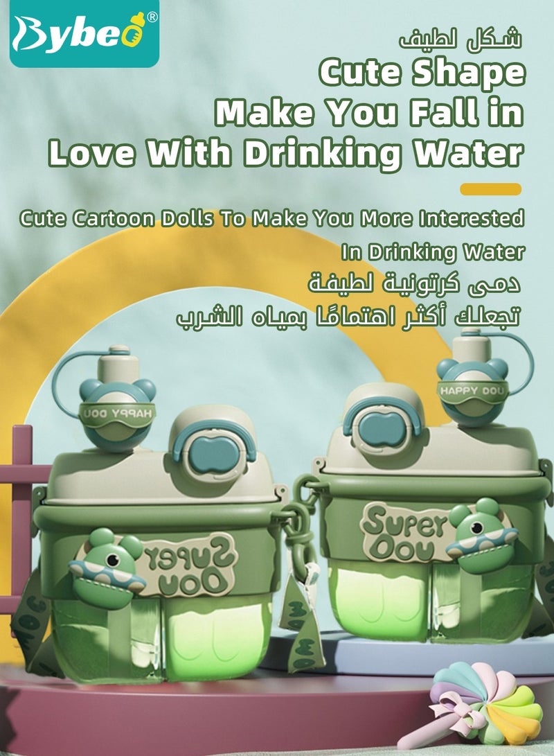 بيبو زجاجة مياه للأطفال، كوب ماء للأطفال الصغار مزود بقشّة مع حجرة مزدوجة للشرب، كوب شرب محمول مع حزام للكتف ومجموعة تنظيف الزجاجة للأطفال الصغار والكبار في الأماكن المغلقة والرياضات الخارجية والسفر - Image 2