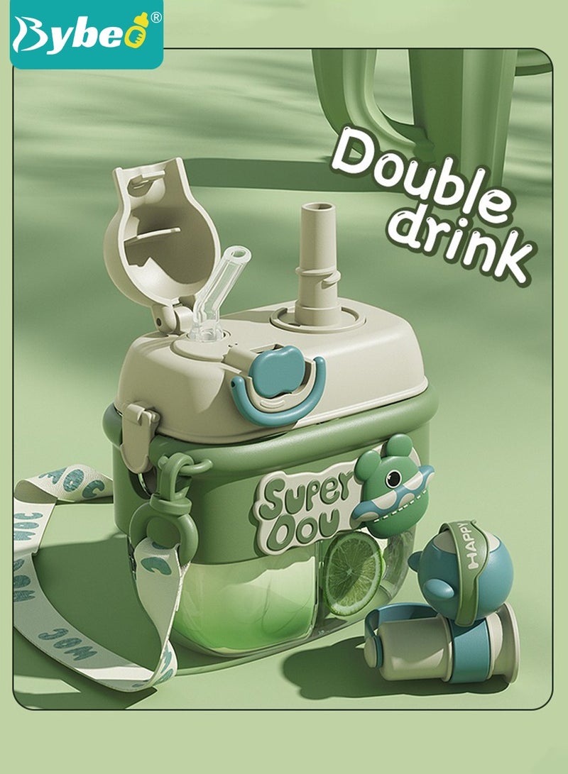 بيبو زجاجة مياه للأطفال، كوب ماء للأطفال الصغار مزود بقشّة مع حجرة مزدوجة للشرب، كوب شرب محمول مع حزام للكتف ومجموعة تنظيف الزجاجة للأطفال الصغار والكبار في الأماكن المغلقة والرياضات الخارجية والسفر - Image 3