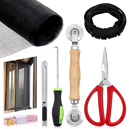 Tanstic 7Pcs Window Screen Mesh and Screen Door Repair Tools Kit, 47''W X 98''L Fiberglass Screen Door Replacement Mesh with Spline Rolling Tool and Screen Retainer Spline (Black) - Image 1