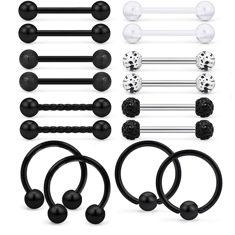 Ftovosyo 16Pcs Straight Barbell Body Piercing Jewelry 14G Surgical Steel Tongue Rings Bar Hoop Rings Retainer Piercing Jewelry for Women Men 14MM (9/16 Inch) Black