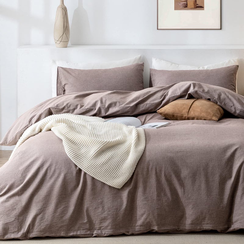 TIPTOE BEAR TIPTOE BEAR Queen Duvet Cover Set 100 Washed Cotton 3 Pcs Soft Comfy Breathable Chic Linen Feel Bedding 1 Duvet Cover and 2 Pillow Shams Mauve Brown
