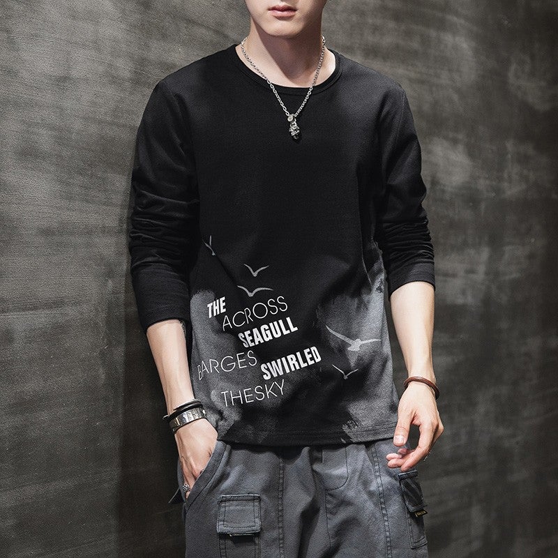 Long-Sleeved T-Shirt Men'S Slim-Fit Plus Size Fatty Plus Plus Size Stretch Korean-Style Printed T-Shirt Round Neck Base Top - Image 3