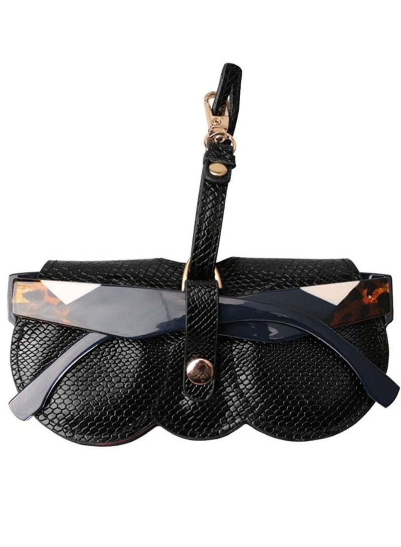 يو إل اتش واي سي منظم النظارات الشمسية، حافظة نظارات من جلد الثعبان الصناعي المطبوع مع حزام، حقيبة نظارات شمسية محمولة قابلة للطي، إغلاق بزر كبس (أسود) - Image 3