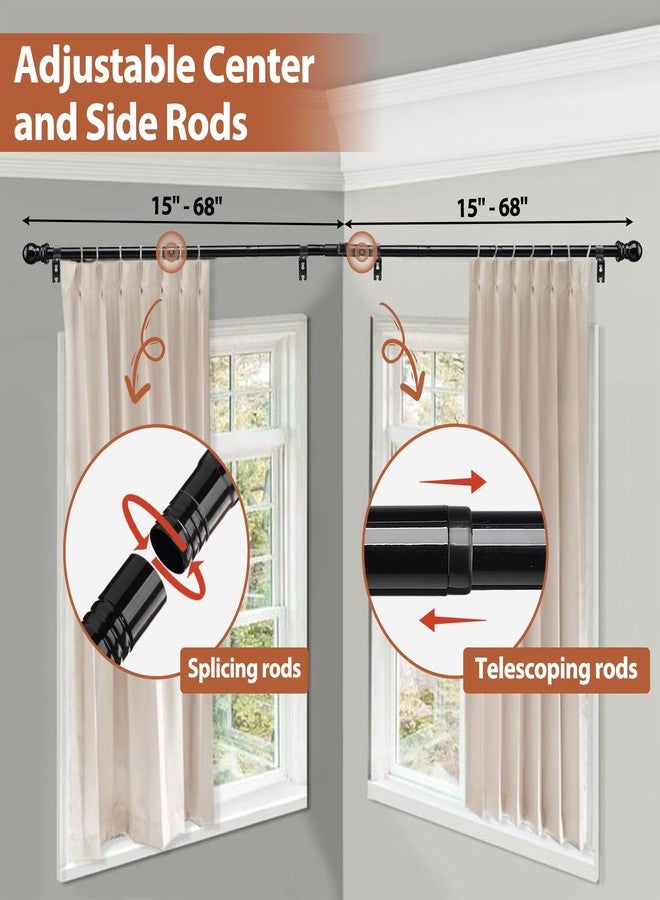 ETICSIPA 1 Inch Bay Window Curtain Rods 32-96 Inch Retractable Metal Corner Curtain Rods for Blackout Curtains with Wall Mount Black Round Finials - Image 4