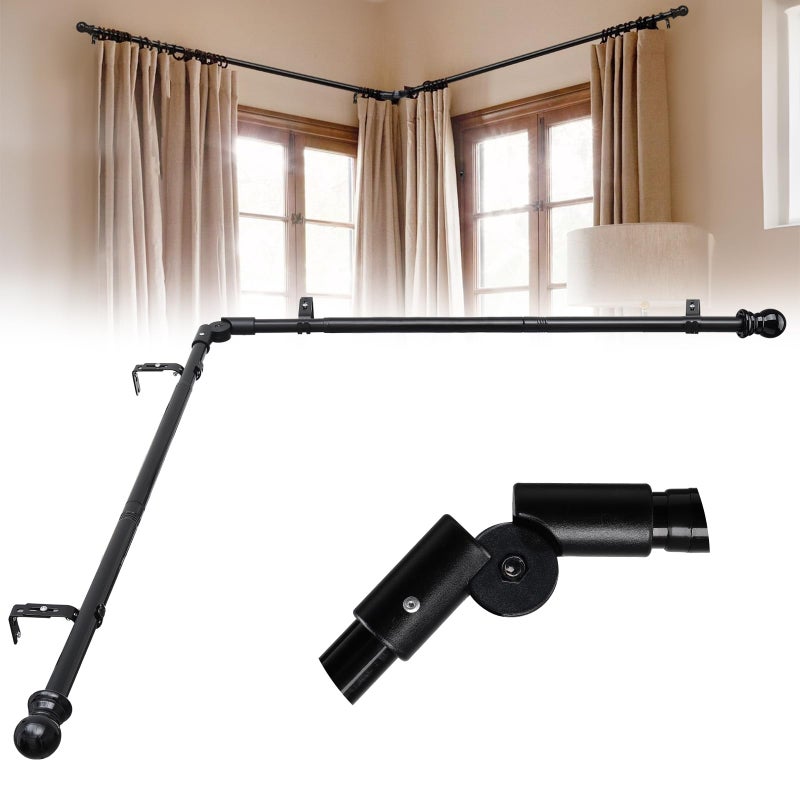ETICSIPA 1 Inch Bay Window Curtain Rods 32-96 Inch Retractable Metal Corner Curtain Rods for Blackout Curtains with Wall Mount Black Round Finials - Image 1
