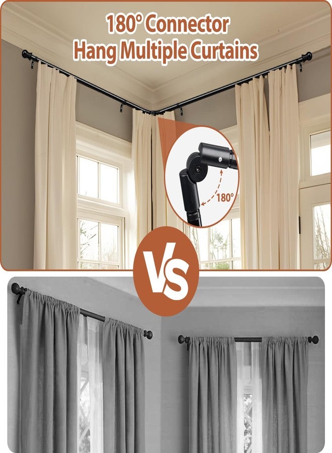 ETICSIPA 1 Inch Bay Window Curtain Rods 32-96 Inch Retractable Metal Corner Curtain Rods for Blackout Curtains with Wall Mount Black Round Finials - Image 3