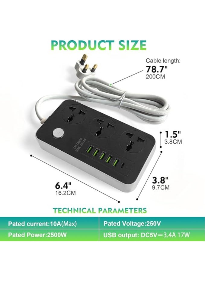 Power Strips Extension Cords 3 Outlets, Universal Power Socket with 5 USB  1 Type-C Ports, 2M Bold Extension Cord Plug Adapter for Home, Office, Kitchen - Image 3