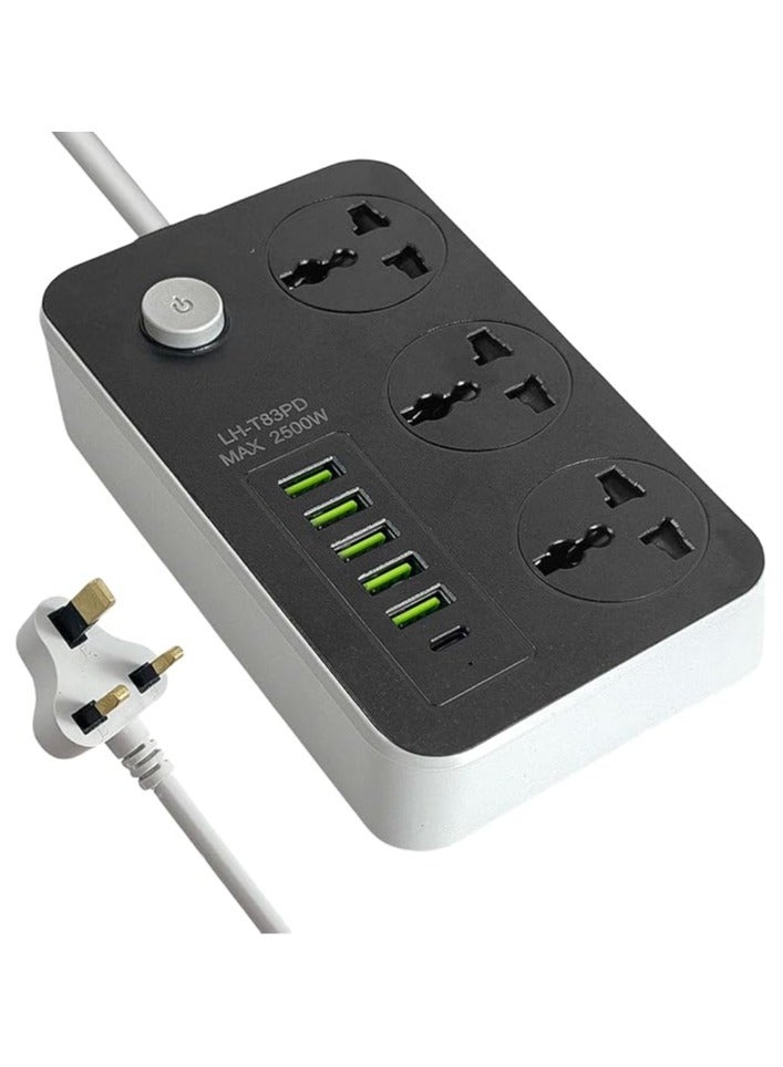 Power Strips Extension Cords 3 Outlets, Universal Power Socket with 5 USB  1 Type-C Ports, 2M Bold Extension Cord Plug Adapter for Home, Office, Kitchen - Image 1
