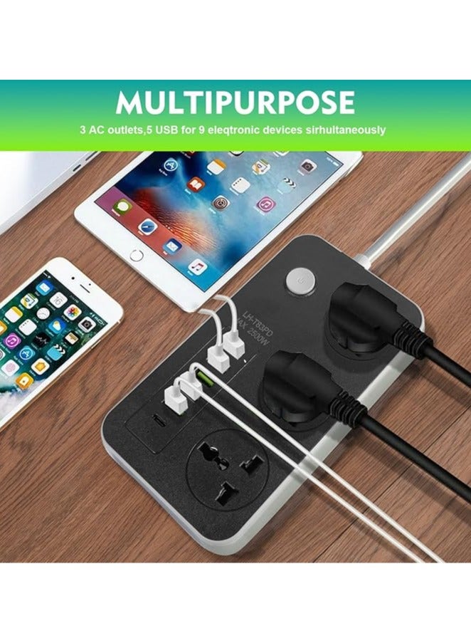 Power Strips Extension Cords 3 Outlets, Universal Power Socket with 5 USB  1 Type-C Ports, 2M Bold Extension Cord Plug Adapter for Home, Office, Kitchen - Image 4