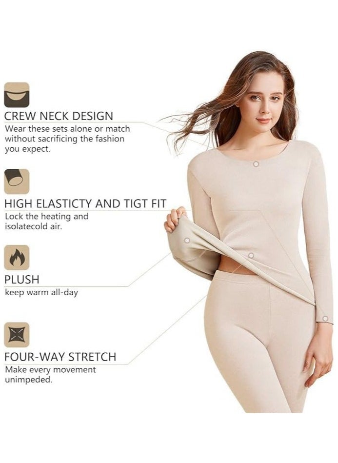 Generic - 3 Sets Thermal Underwear for Women Long Johns with Fleece Lined Long Underwear Women Base Layer Women Cold Weather (Beige) - Image 1