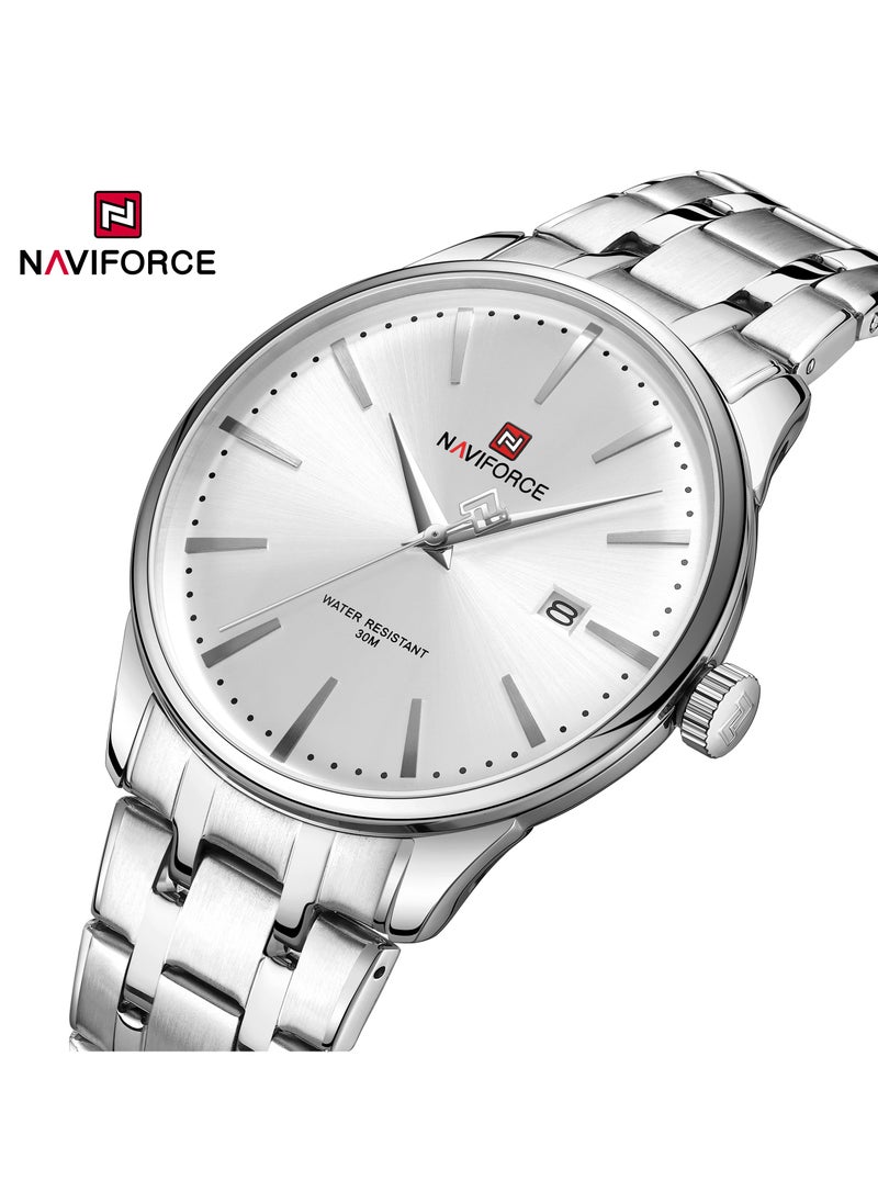 NAVIFORCE - Elegant Silver Stainless Steel Analog Wrist Watch for Men with Date Display Water Resistant Classic Design Quartz Movement Stylish Business and Casual Timepiece Durable Bracelet Comfortable Wear - Image 1