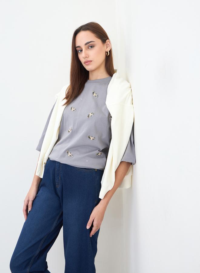 Styli Grey Embroidered Sequined Oversized T-Shirt - Image 3