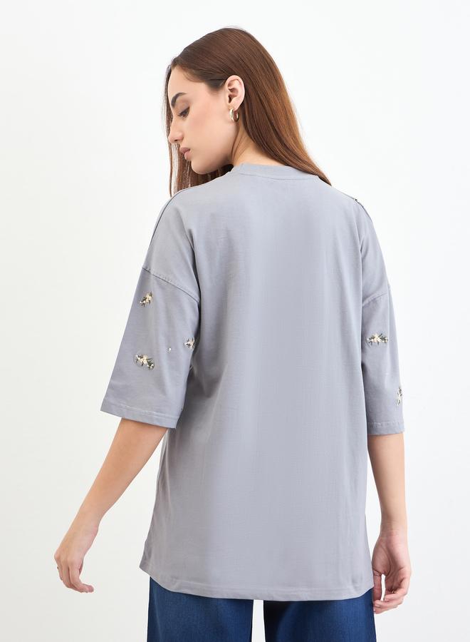 Styli Grey Embroidered Sequined Oversized T-Shirt - Image 5