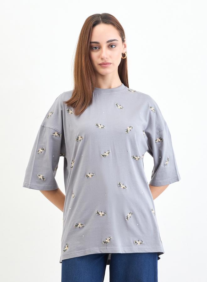 Styli Grey Embroidered Sequined Oversized T-Shirt - Image 1