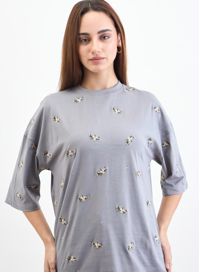 Styli Grey Embroidered Sequined Oversized T-Shirt - Image 4