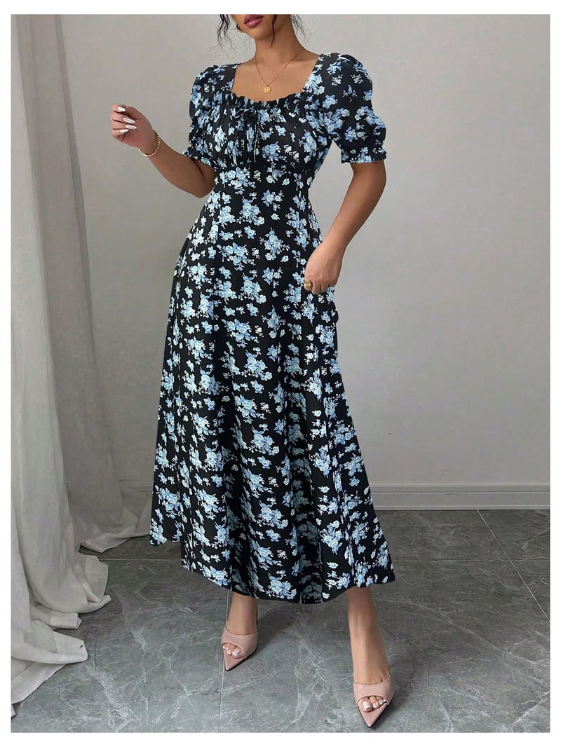 Floerns Women's Floral Short Puff Sleeve Milkmaid Dress Boho A Line Long Dresses Black and Blue Medium - Image 5