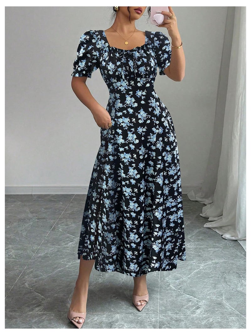 Floerns Women's Floral Short Puff Sleeve Milkmaid Dress Boho A Line Long Dresses Black and Blue Medium - Image 2