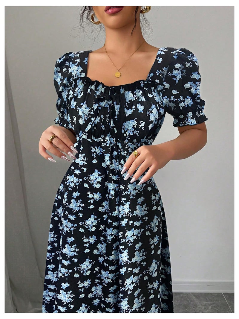 Floerns Women's Floral Short Puff Sleeve Milkmaid Dress Boho A Line Long Dresses Black and Blue Medium - Image 4