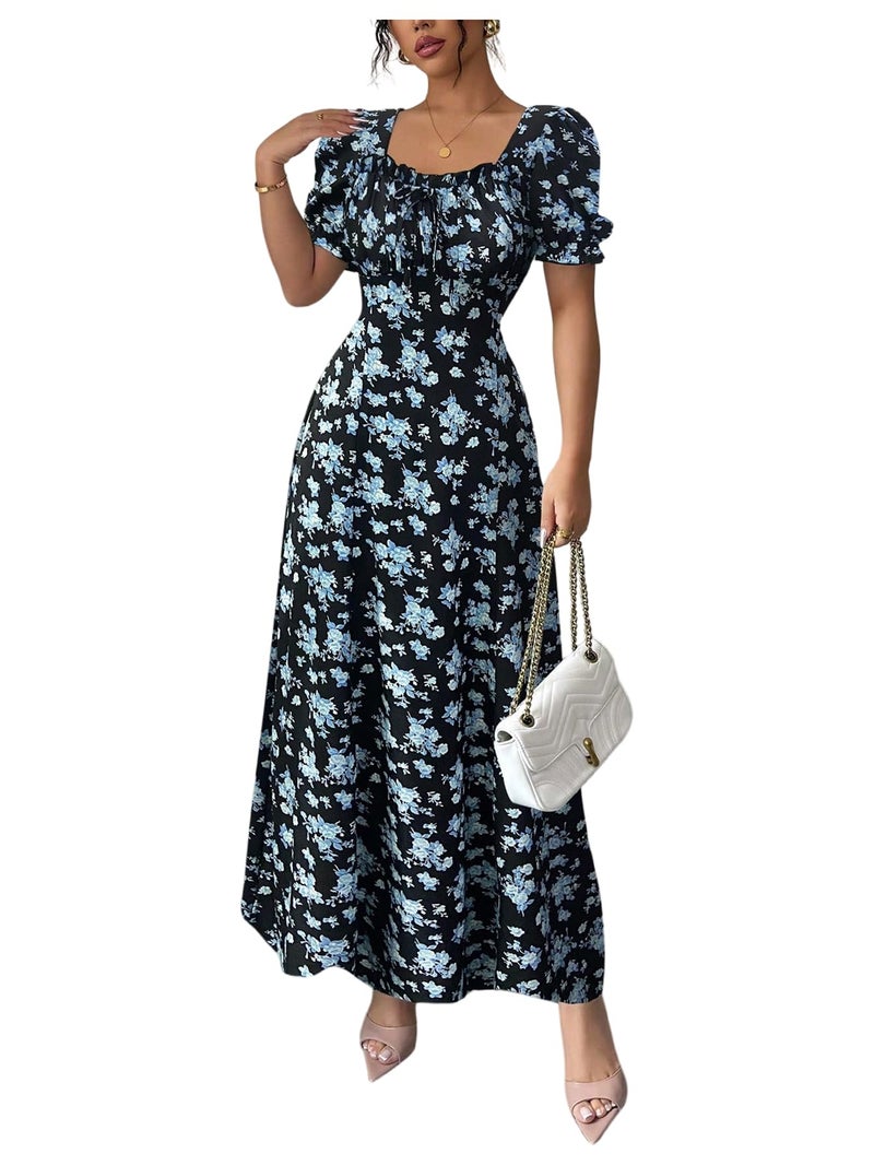 Floerns Women's Floral Short Puff Sleeve Milkmaid Dress Boho A Line Long Dresses Black and Blue Medium - Image 1