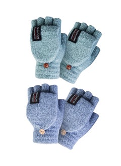 SYOSI Womens Winter Gloves, 2 Pairs Warm Knitted Convertible Fingerless Gloves for Women Gifts with Mittens Cover Cap(Green light, Blue)  - Image 1