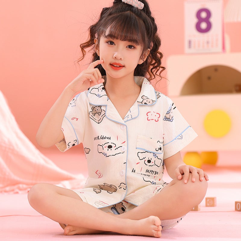 Cartoon Printed Cardigan Summer Children'S Short-Sleeved Shorts Girls Lapel Clouds Cotton Pajamas Suit Home Clothes - Image 3
