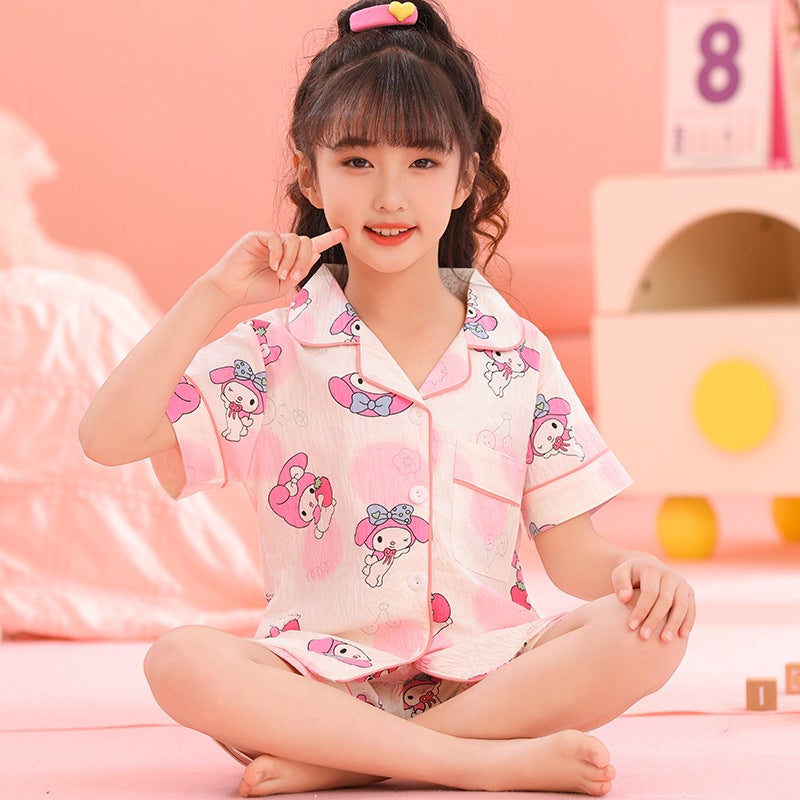Cartoon Printed Cardigan Summer Children'S Short-Sleeved Shorts Girls Lapel Clouds Cotton Pajamas Suit Home Clothes - Image 2