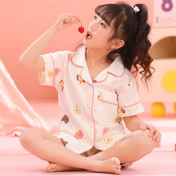 Cartoon Printed Cardigan Summer Children'S Short-Sleeved Shorts Girls Lapel Clouds Cotton Pajamas Suit Home Clothes - Image 1