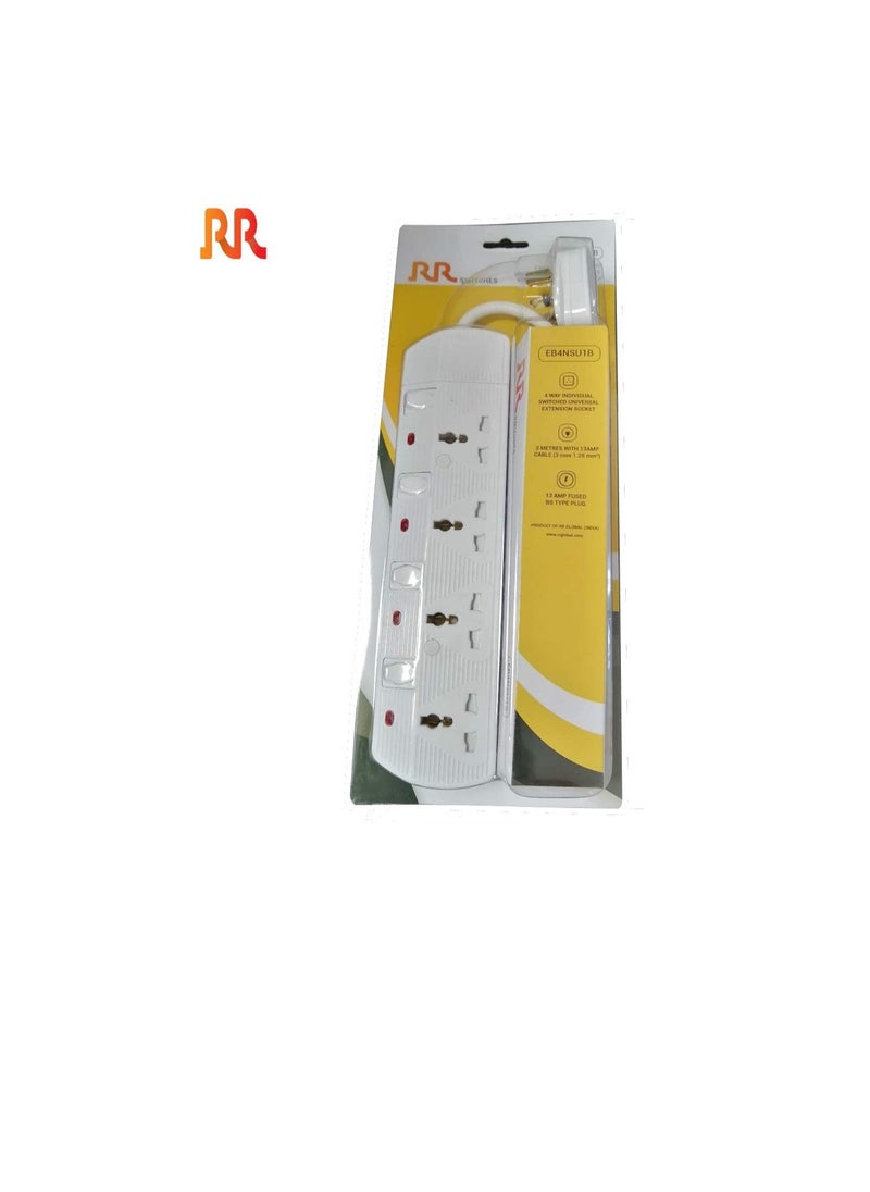 RR - RR ESMA Approved Universal Power Extension Socket with Individual Neon Light Switches - 13A Plug 250V (4 Way - 3 Mtr Cable) - Image 1