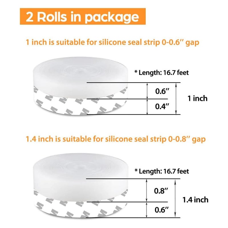 Bruiefpap 33.5 Ft Weather Stripping Door Seal Strip, Silicone Tape for Draft Stopper, Self Adhesive Shower Door Bottom Seal and Insulation Strip for Door Frame, Windows and Glass Gaps (Transparent, 25+35mm) - Image 2
