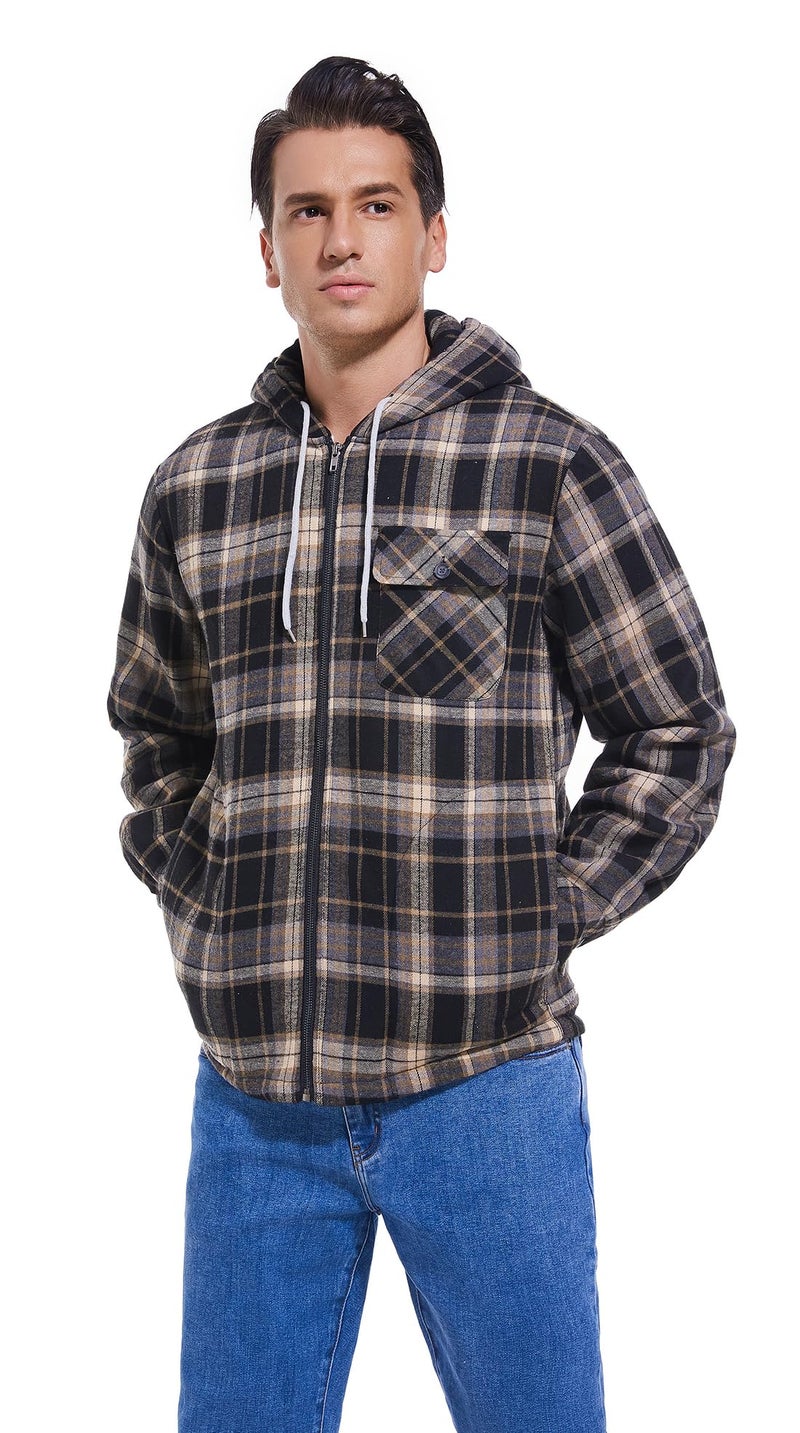 Elesuit Men's Full-Zip Fleece Hoodie All-Cotton Soft Sherpa Lined Flannel Shirts Jacket for Men Black Medium - Image 2