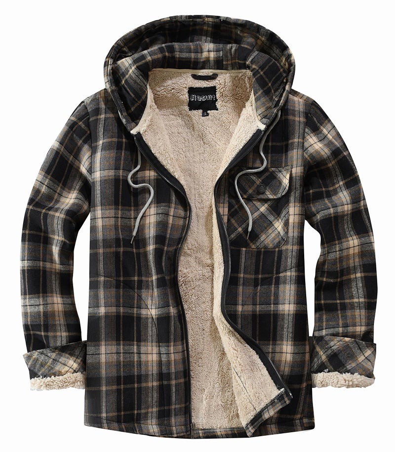 Elesuit Men's Full-Zip Fleece Hoodie All-Cotton Soft Sherpa Lined Flannel Shirts Jacket for Men Black Medium - Image 1